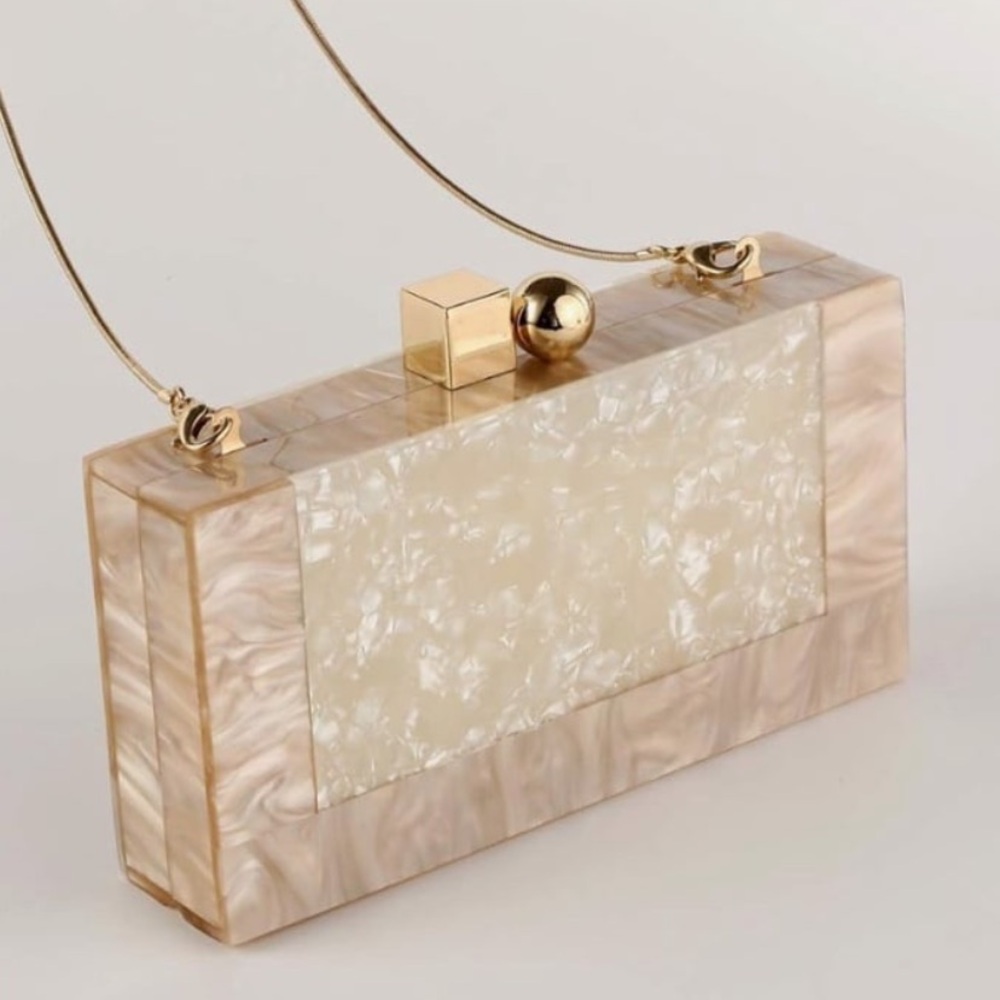 Menurra Acrylic Box Clutch Champagne Cream w/ Glossy Marble Handbag w/Gold Chain - Picture 3 of 12